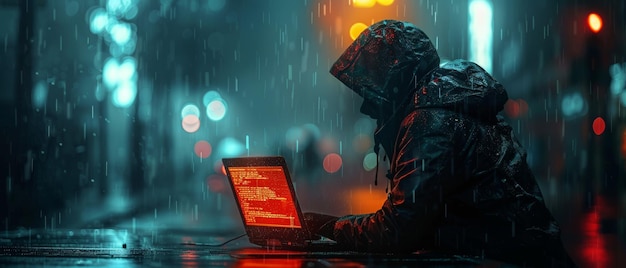 Photo un attaquant pirate un ordinateur portable et attaque un système de sécurité informatique escroquerie de phishing les cybercriminels accèdent à des informations personnelles sur les comptes bancaires illustration conceptuelle du piratage informatique