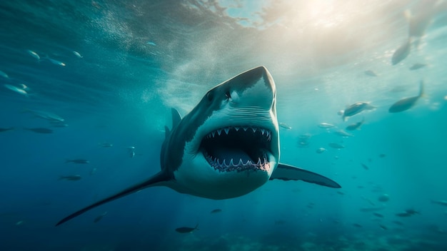 Les attaques de requins dans l'océan Le requin blanc se jette sur sa proie AI générative