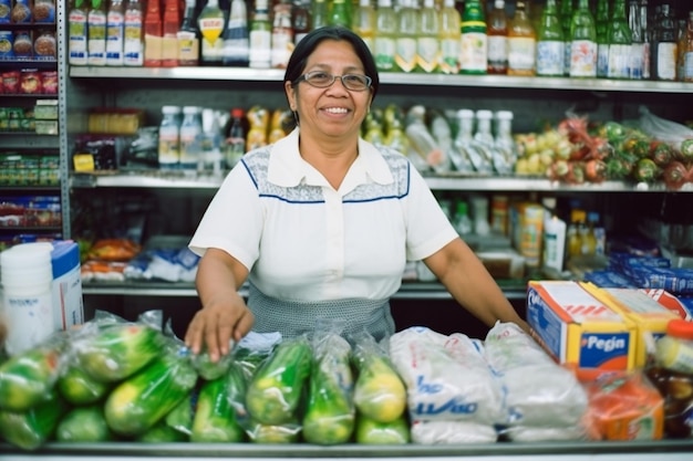 Attendant derrière le comptoir d'une épicerieAI générative