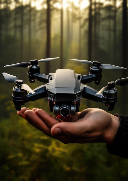 Atterrissage de la technologie des drones dans la main humaine dans la nature Generative Ai