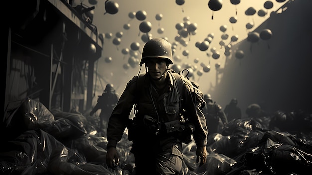 Atterrissages en parachute des troupes de Skybound Warriors dans le feu de la Seconde Guerre mondiale