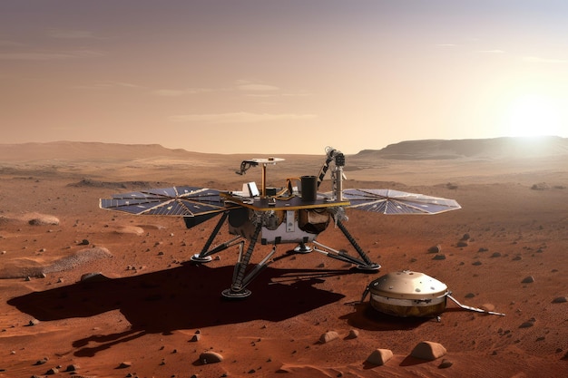 Atterrisseur sur la surface de mars avec vue sur le ciel bleu et la planète rouge visible en arrière-plan créé avec l'ai générative