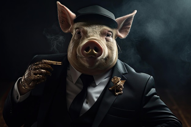 Attitude animale de cochon gangster avec costume d'affaires et chaîne de cigare dorée IA générative