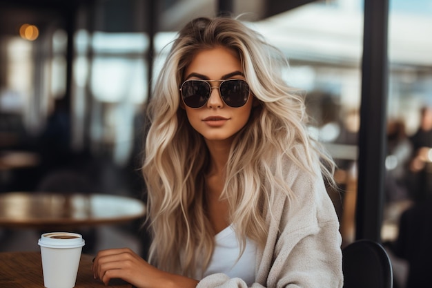 Attractif jeune blond rêveur nomade numérique assis boire du café café urbain co