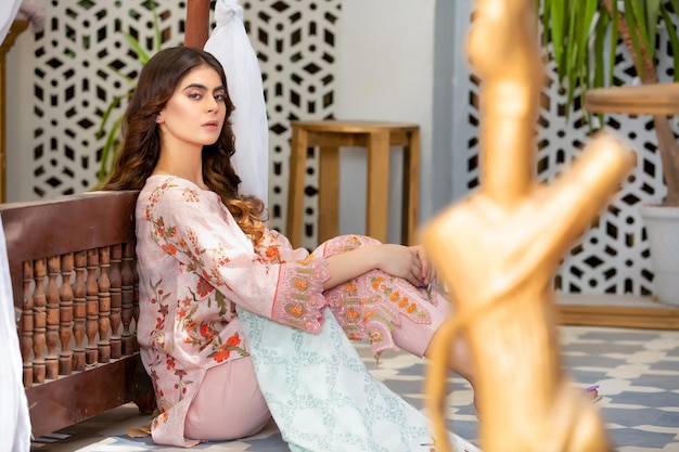 Attractive Hot Girl Landscape Sitting on Floor Wearing Desi Dress for Fashion Photoshoot