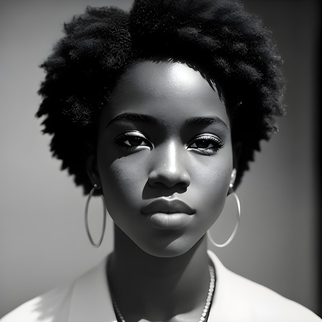 Photo attractive mystérieuse adolescente afro-américaine portrait noir et blanc ia générative