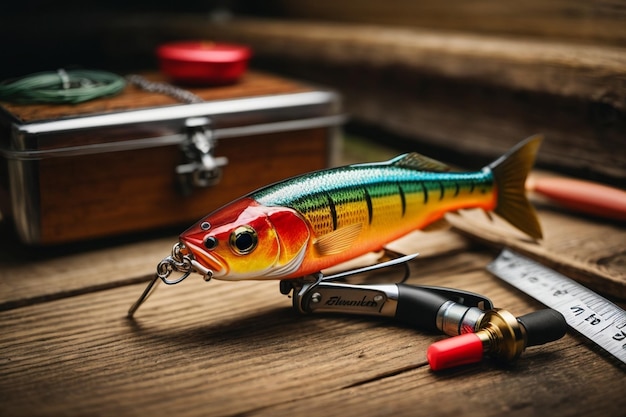 Photo attrait de pêche coloré avec échelle de mesure et rouleau de pêche sur un arc de bureau en bois