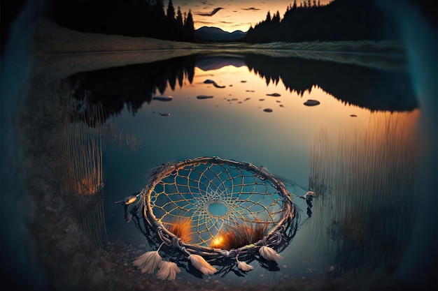 Attrape-rêves lumineux allongé sur la surface du lac fantastique au crépuscule créé avec une IA générative