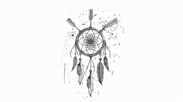 L'attrape-rêves avec des plumes et des flèches Talisman indien amérindien Illustration moderne dessinée à la main isolée sur fond blanc Design de tatouage Boho Art de coloriage pour adultes