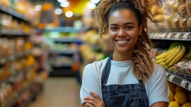 Photo une attrayante femme asiatique travaillant dans un supermarché se tient à la caisse avec les bras croisés en regardant la caméra en souriant