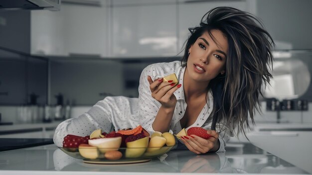 Une attrayante femme mulatte souriante mange des fruits coupés sur une cuisine moderne blanche habillée en nightwea