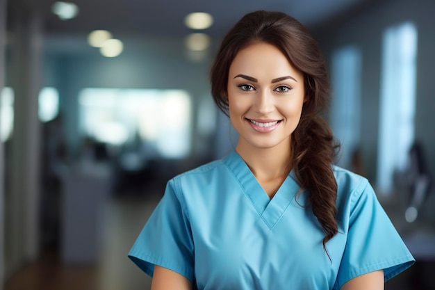 une attrayante infirmière ou un médecin en uniforme bleu