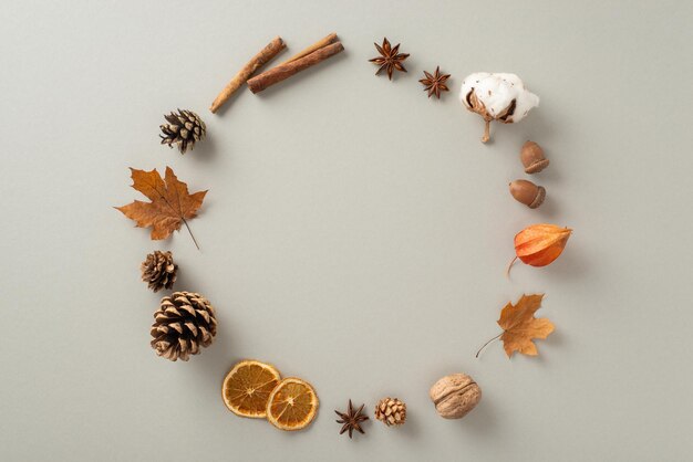 Attributs d'automne concept Vue ci-dessus photo de bâtons de cannelle anise chinoise oranges séchées cônes de pin feuilles de glands de coton et physalis formant un cercle vide pour le texte sur un fond gris isolé
