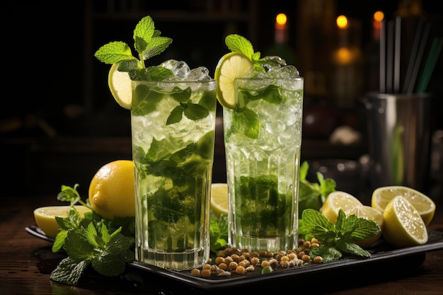 au bar en buvant un mojito avec un fond sombre et un mojito dans un bar je bois