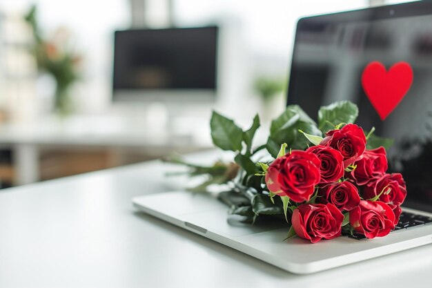 au bureau sur le lieu de travail un doux cœur est peint sur l'écran du moniteur et sur le clavier il y a un bouquet de roses rouges concept de signes en ligne d'attention un lieu de travail romantique en ligne félicitations