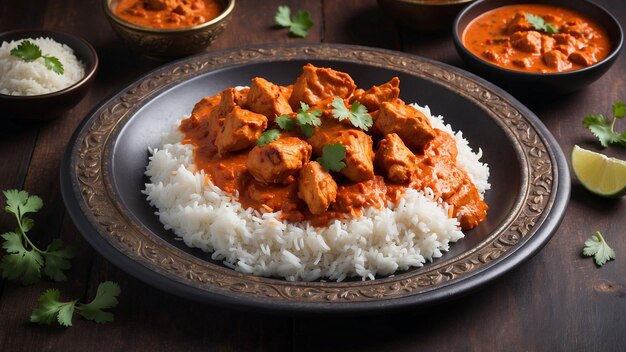 Au centre d'une table en bois sombre magnifiquement conçue, une assiette à vapeur de Tikka Masala au poulet.