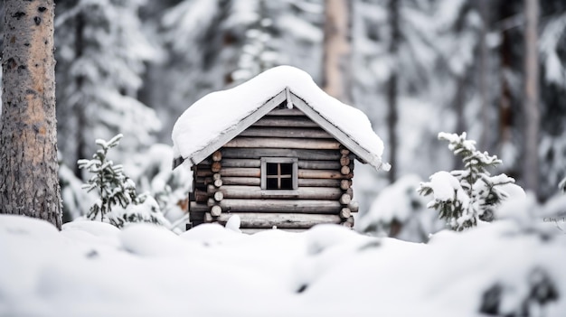 Au cœur de la cabane, une petite cabane en rondins est couverte de neige.