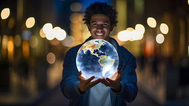 Photo au cœur d'un centre de démarrage prospère, un jeune entrepreneur tient un globe éthérique qui brille.