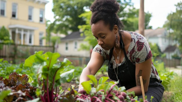 Photo au cœur du paysage urbain, la femme afro-américaine prend un moment pour apprécier la beauté de la nature alors qu'elle s'occupe des betteraves dans le jardin communautaire.