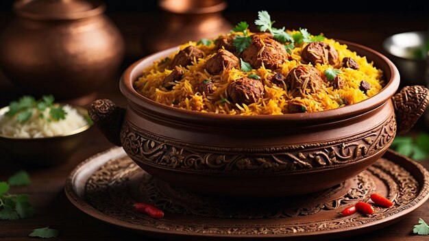 Photo au cœur des traditions culinaires indiennes, imaginez un pot d'argile dévoilant un monticule fumant d'épices
