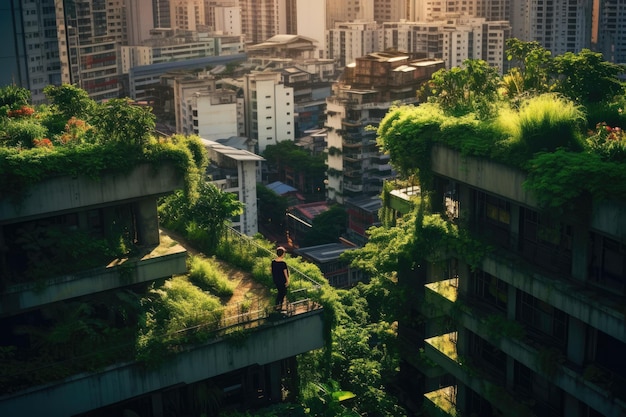 Au cœur d'une ville, un jardin sur le toit s'épanouit, offrant une oasis de verdure au milieu des structures en béton. IA générative