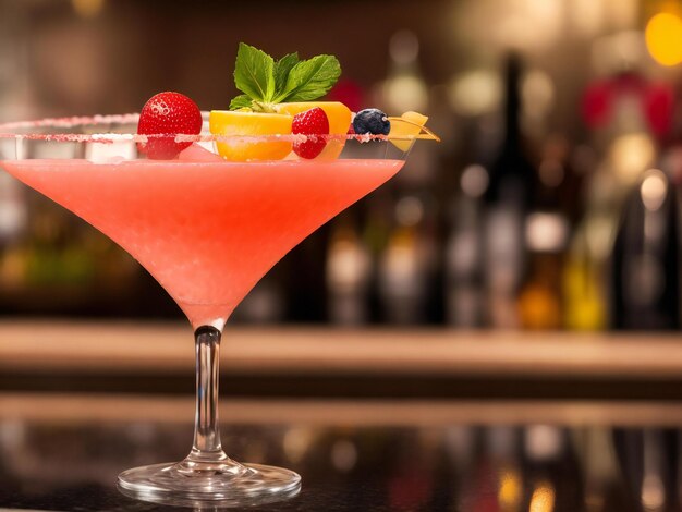 Au comptoir du bar, un martini aux fruits frais reflète l'élégance générée