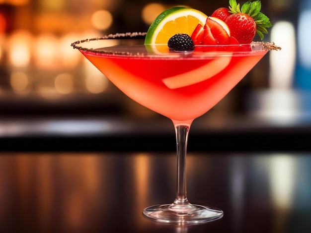 Au comptoir du bar, un martini aux fruits frais reflète l'élégance générée