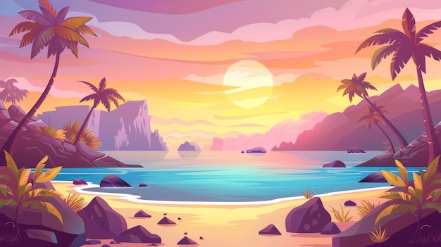 Au coucher du soleil ou au lever du soleil, paysage de plage de mer avec eau calme, sable et palmiers, montagnes et rochers, gradient rose et jaune, ciel avec nuages et soleil.