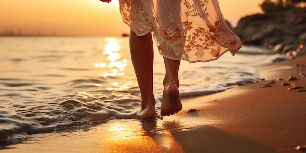 Au coucher du soleil, une femme en short marche pieds nus sur la plage. Un gros plan des pieds sur le fond des vagues de la mer crée une atmosphère de sérénité et de liberté.