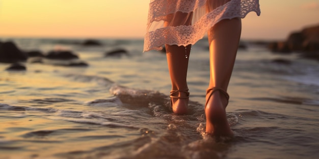 Au coucher du soleil, une femme en short marche pieds nus sur la plage. Un gros plan des pieds sur le fond des vagues de la mer crée une atmosphère de sérénité et de liberté.