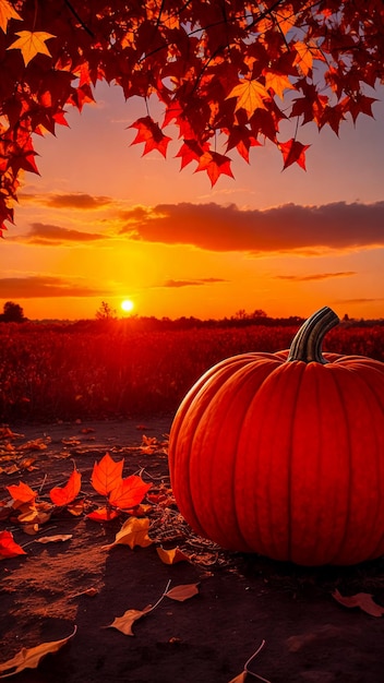 Au coucher du soleil, une grosse citrouille se trouve sous un arbre avant les vacances d'Halloween, elle est éclairée par le soleil. Citrouilles d'automne avec des bougies d'Halloween générées par l'IA