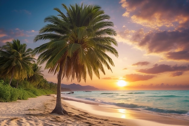 Au coucher du soleil sur la plage tropicale et la mer avec cocotier