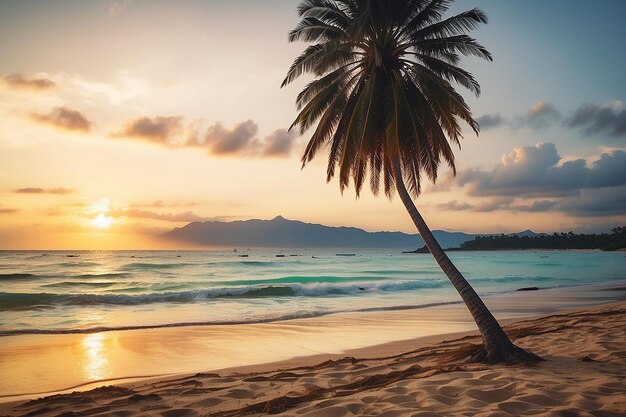 Au coucher du soleil sur la plage tropicale et la mer avec cocotier