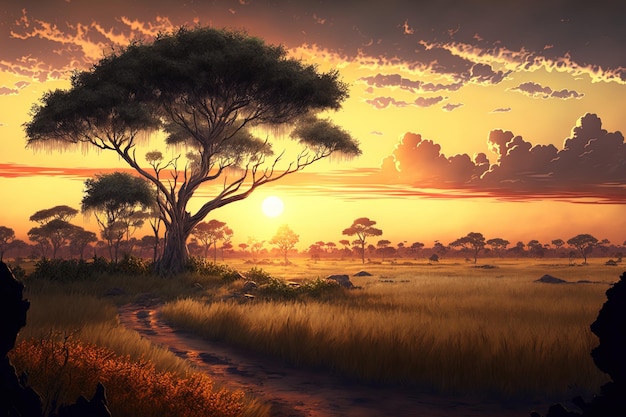 Au coucher du soleil une savane avec des arbres et une herbe luxuriante