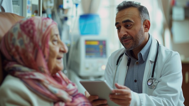 Au cours d'une visite à l'hôpital, un médecin tenant une tablette parle à un patient de dialyse.