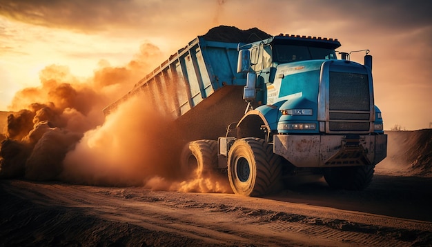 Au crépuscule, un camion-benne bleu se déplace sur un chantier couvert de poussière et de saleté