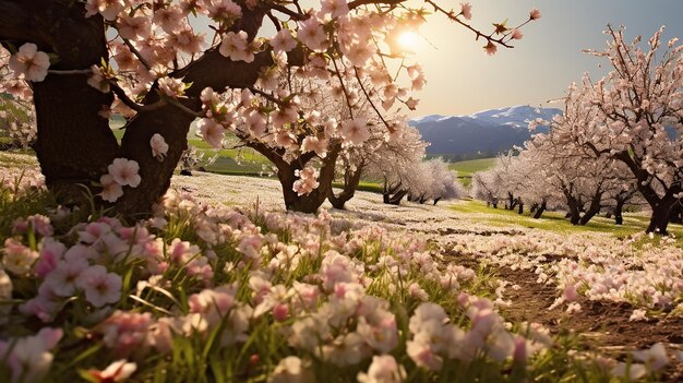 au début du printemps dans un verger de pommes en fleurs