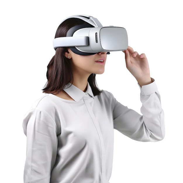 Au-delà des frontières, une créatrice présente un casque VR Vision Pro sur fond blanc