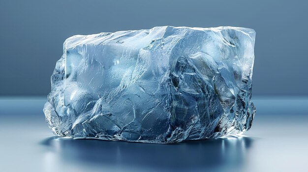Au-dessus d'un fond blanc bleu clair, un bloc de glace rectangulaire en développement naturel démontrant une visibilité cristalline et des ruptures et de l'espace.