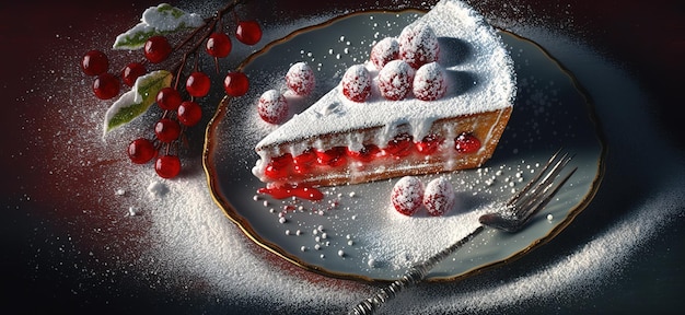 Photo au-dessus d'un gros plan d'un plat de gâteau de cassis rouge saupoudré de sucre en poudre