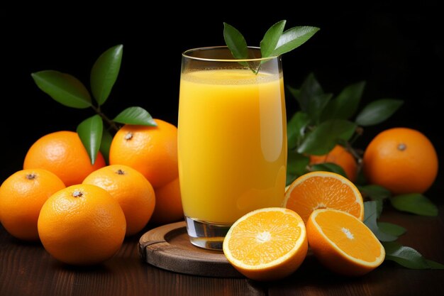 Au-dessus, on voit du jus d'orange frais dans un verre servi avec de la menthe et des citrons orange sur une table en bois.