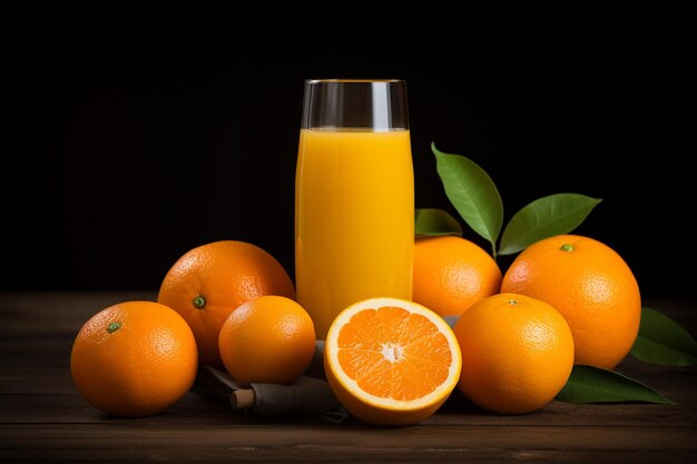 Au-dessus, on voit du jus d'orange frais dans un verre servi avec de la menthe et des citrons orange sur une table en bois.