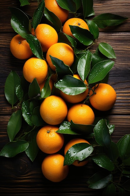 Au-dessus, les oranges sont disposées sur une table en bois.