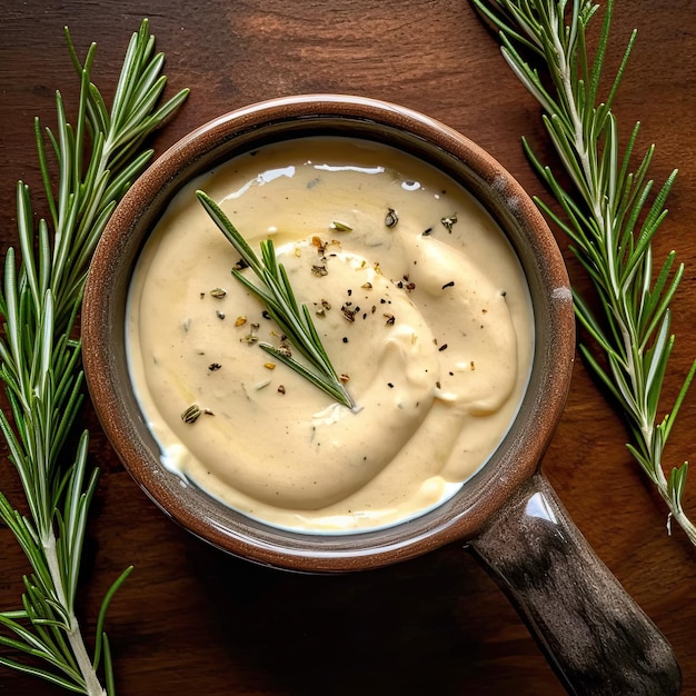 Au-dessus, un petit bol avec de la sauce à l'ail au romarin.