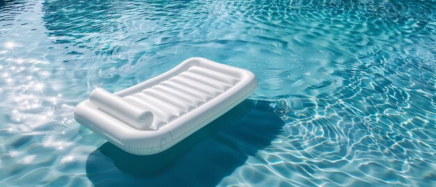 Au-dessus de la surface d'une piscine d'eau bleue, un fauteuil inclinable gonflable blanc flotte avec la lumière du soleil qui rebondit sur lui, calmant et créant de l'espace.