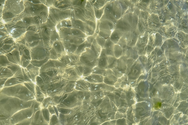 Au-dessus de la vue de la lumière du soleil se reflétant sur l'eau à la plage Gros plan des vagues peu profondes et des ondulations calmes sur le littoral par une journée ensoleillée à l'extérieur Liquide clair réfractant les rayons du soleil en été pour le fond de l'espace de copie