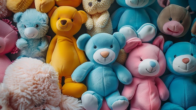 Photo au-dessus, vue des petits ours en peluche des enfants avec des décorations intelligentes sur le sol sur un fond bleu avec vue supérieure ai générative