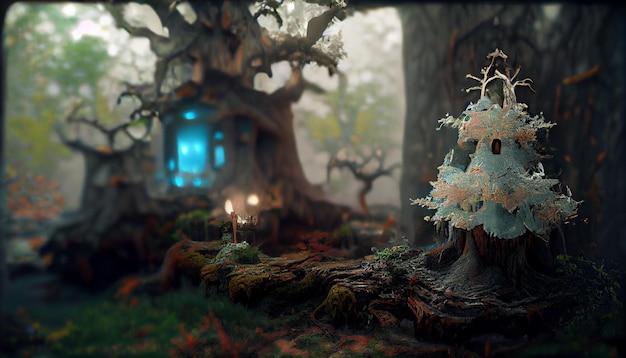 Au fond d'une forêt lointaine, cachée et mystérieuse se trouve un arbre féerique enchanteur à l'intérieur d'un vieux chêne