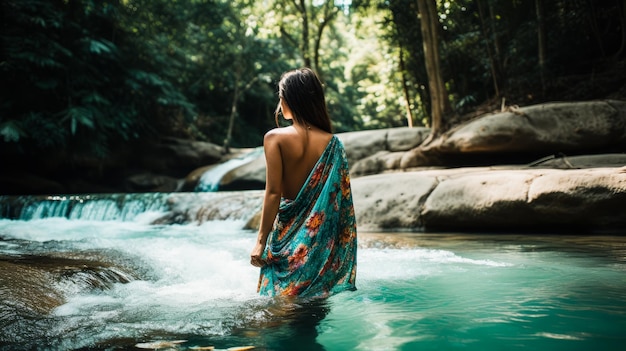 Au milieu de la beauté sereine de la nature, une fille de la Thaïlande rurale porte un sarong coloré tout en prenant un re