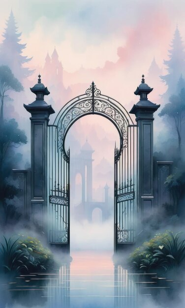 Photo au milieu d'un brouillard mystique, une porte massive émerge dans une peinture à l'aquarelle.